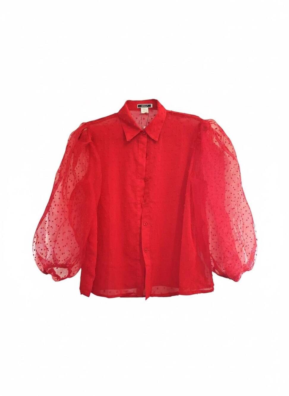 Vivid Women's Red Sheer Swiss Dot Button-Down Blouse with Puffy Sleeves